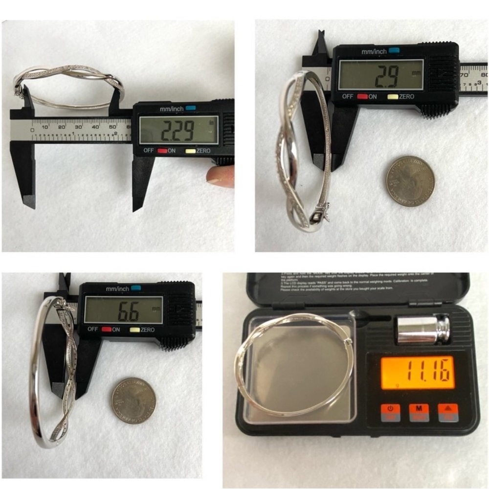 Sterling Silver 925 Oval Hinged Diamond Bangle Bracelet 6.75". Rhodium plated. - Picture 6 of 6